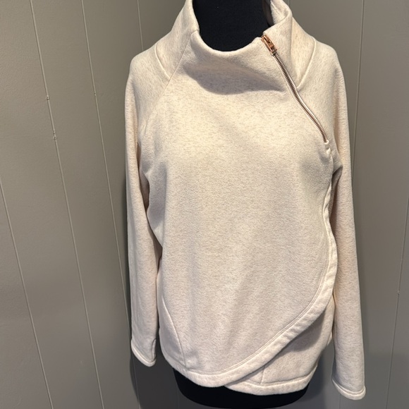 ATHLETA heather ivory high rose gold diagonal zipper neckline sweatshirt top. Sm - Picture 6 of 10